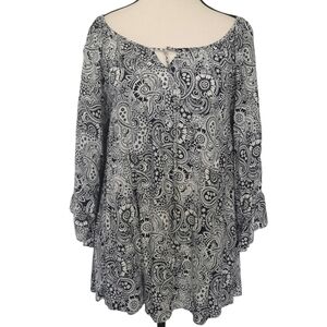 Papillon Blue & White Paisley 3/4 Ruffled Sleeve Split Neck Blouse - Sz M